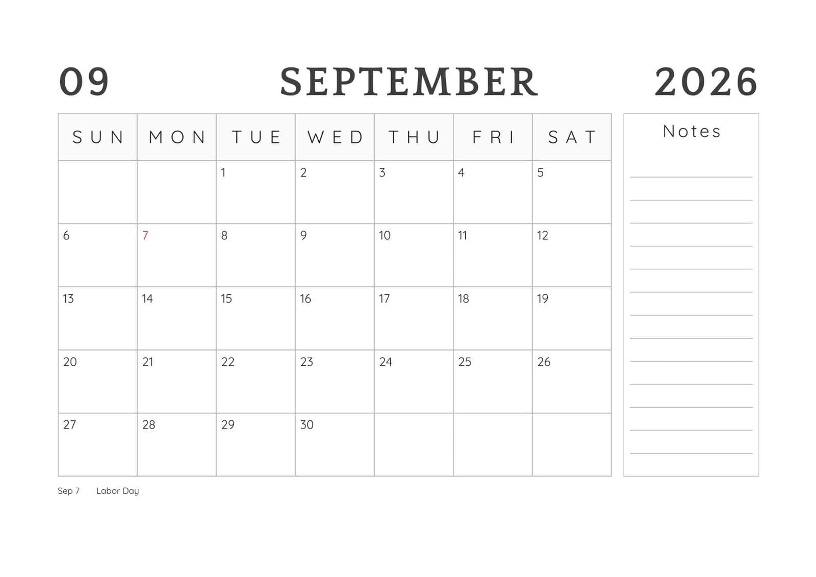 Minimalist September 2026 Printable Calendar.