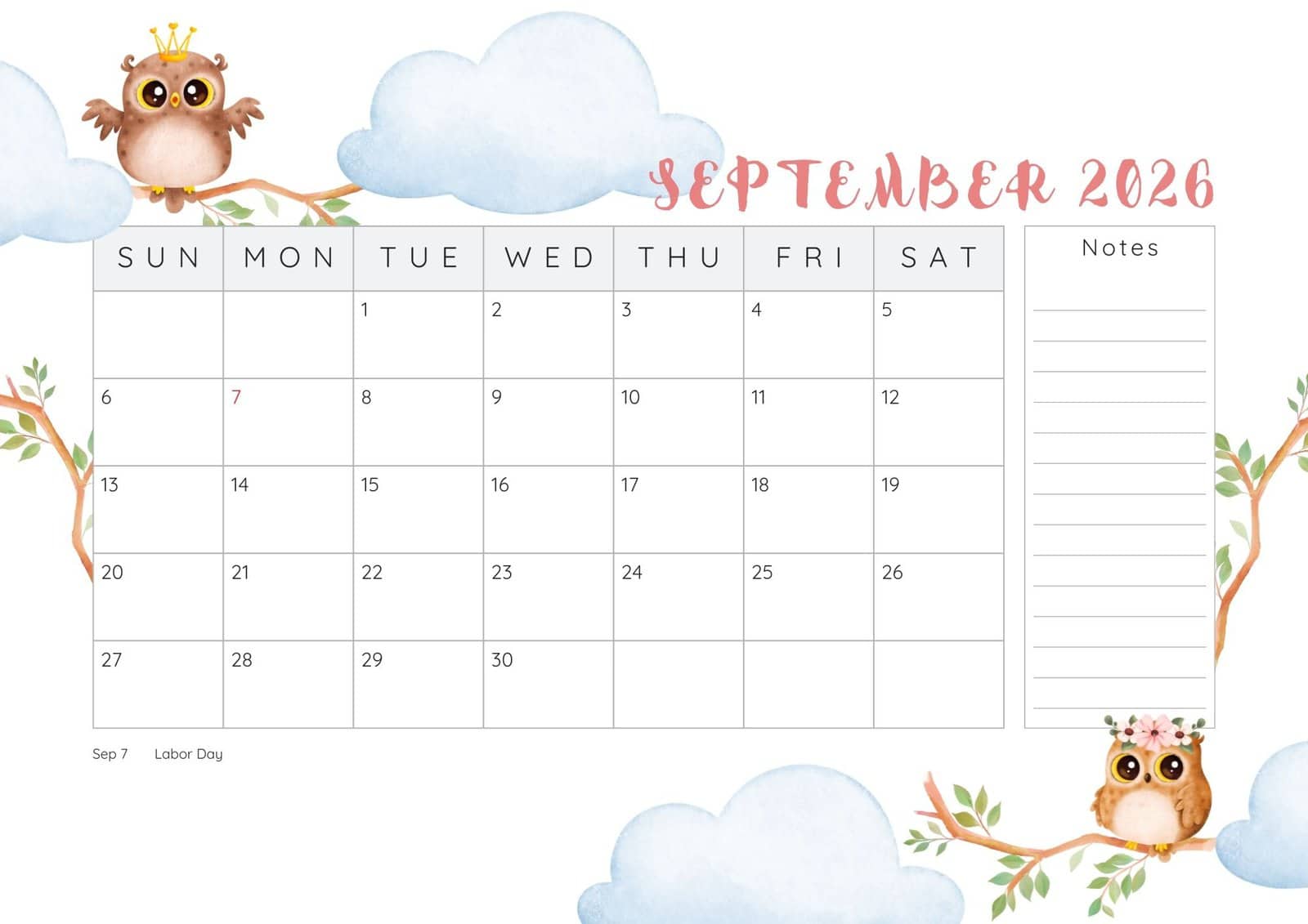 Cute owls September 2026 Printable Calendar.