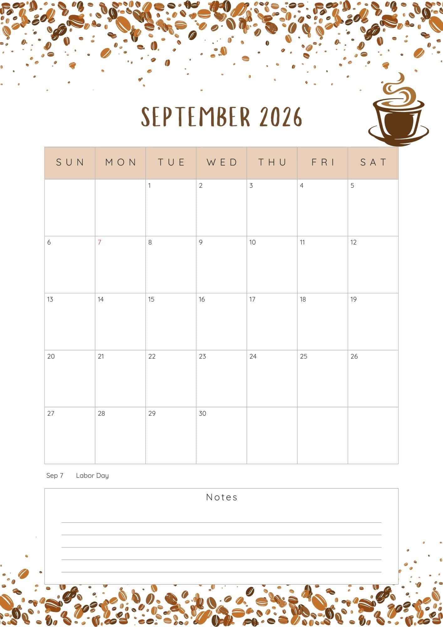 Coffee September 2026 Printable Calendar.