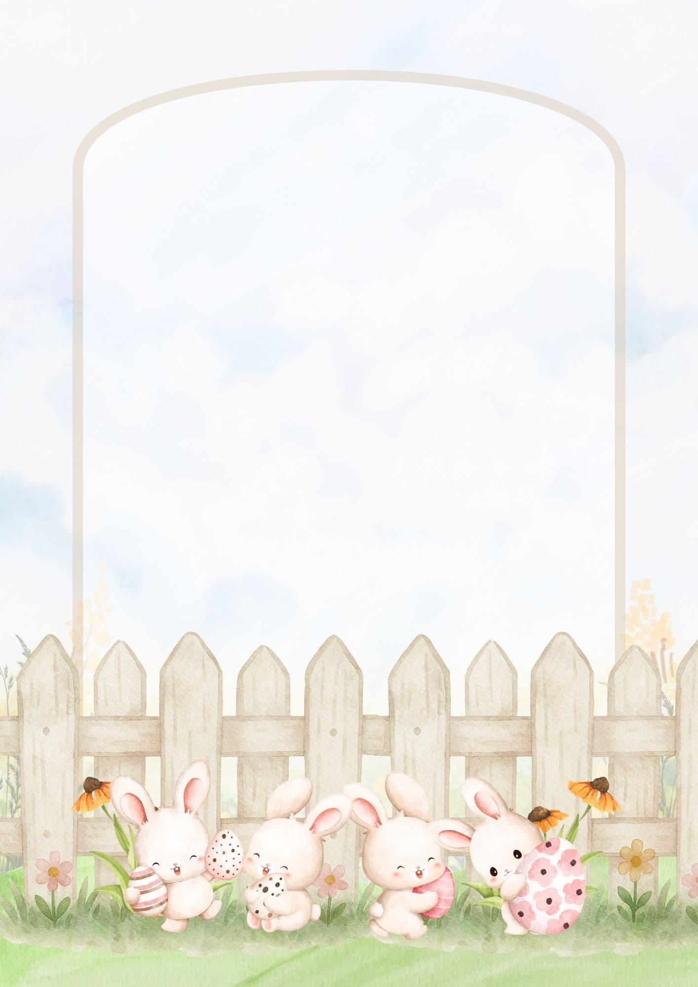 Easter letter template with a garden picket fence background and 4 bunnies at the bottom.