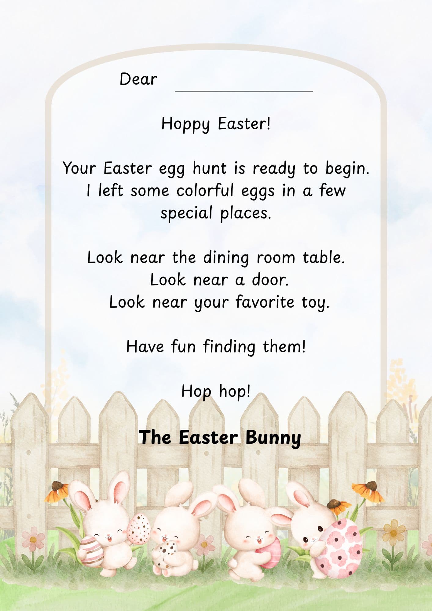 Easter letter template with a garden picket fence background and 4 bunnies at the bottom.