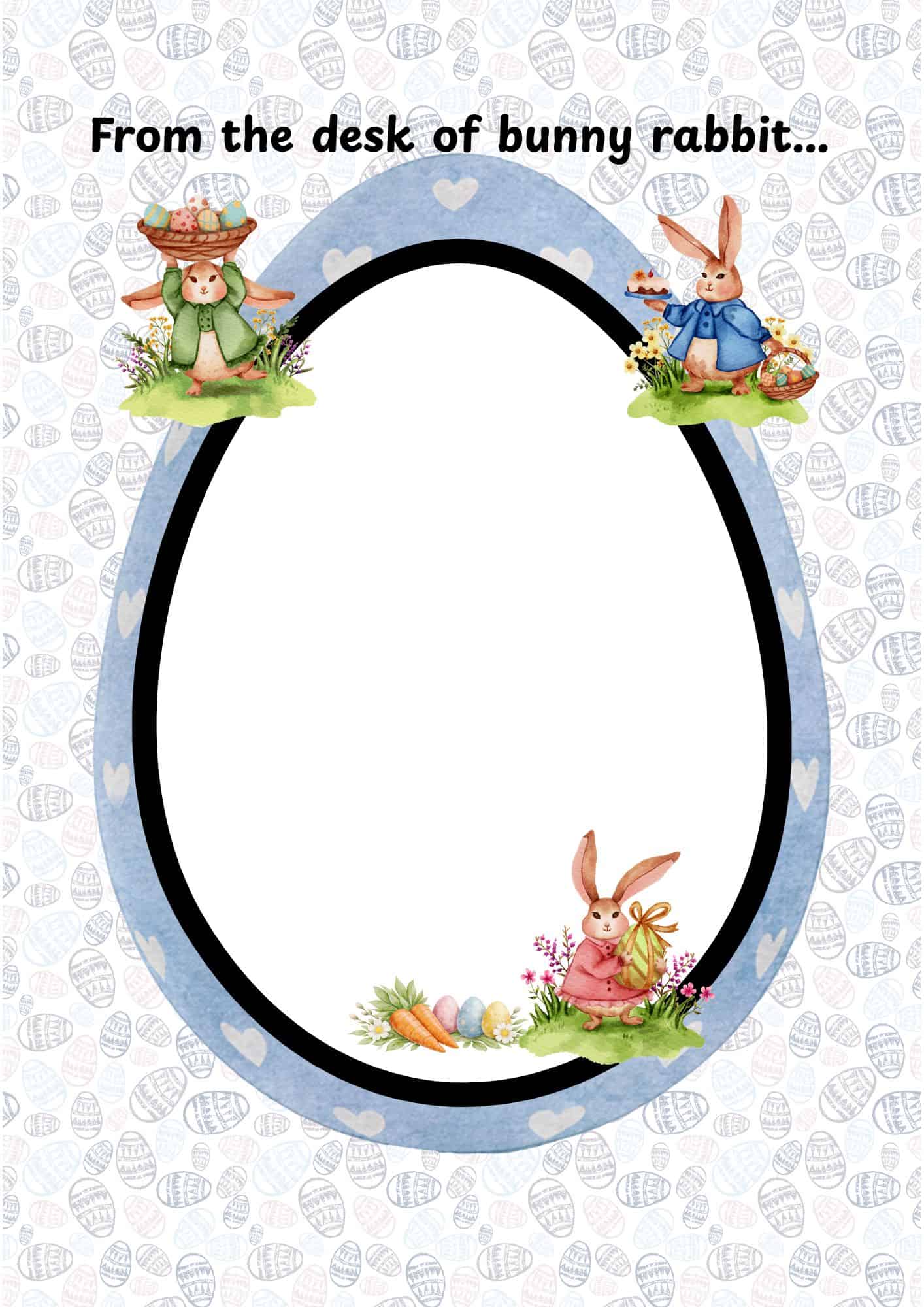 Egg shaped frame with 3 Easter bunnies on the side.