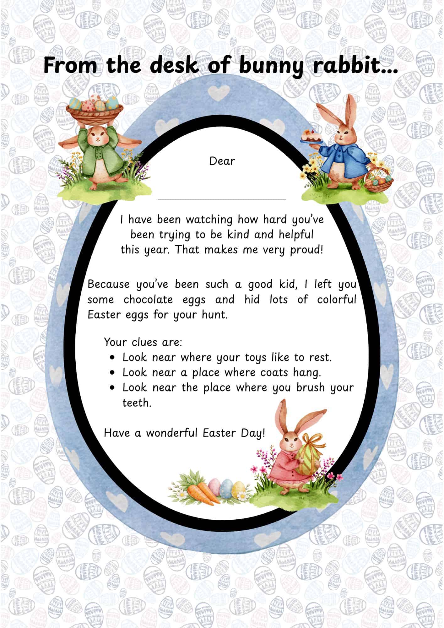 Egg shaped frame with 3 Easter bunnies on the side.