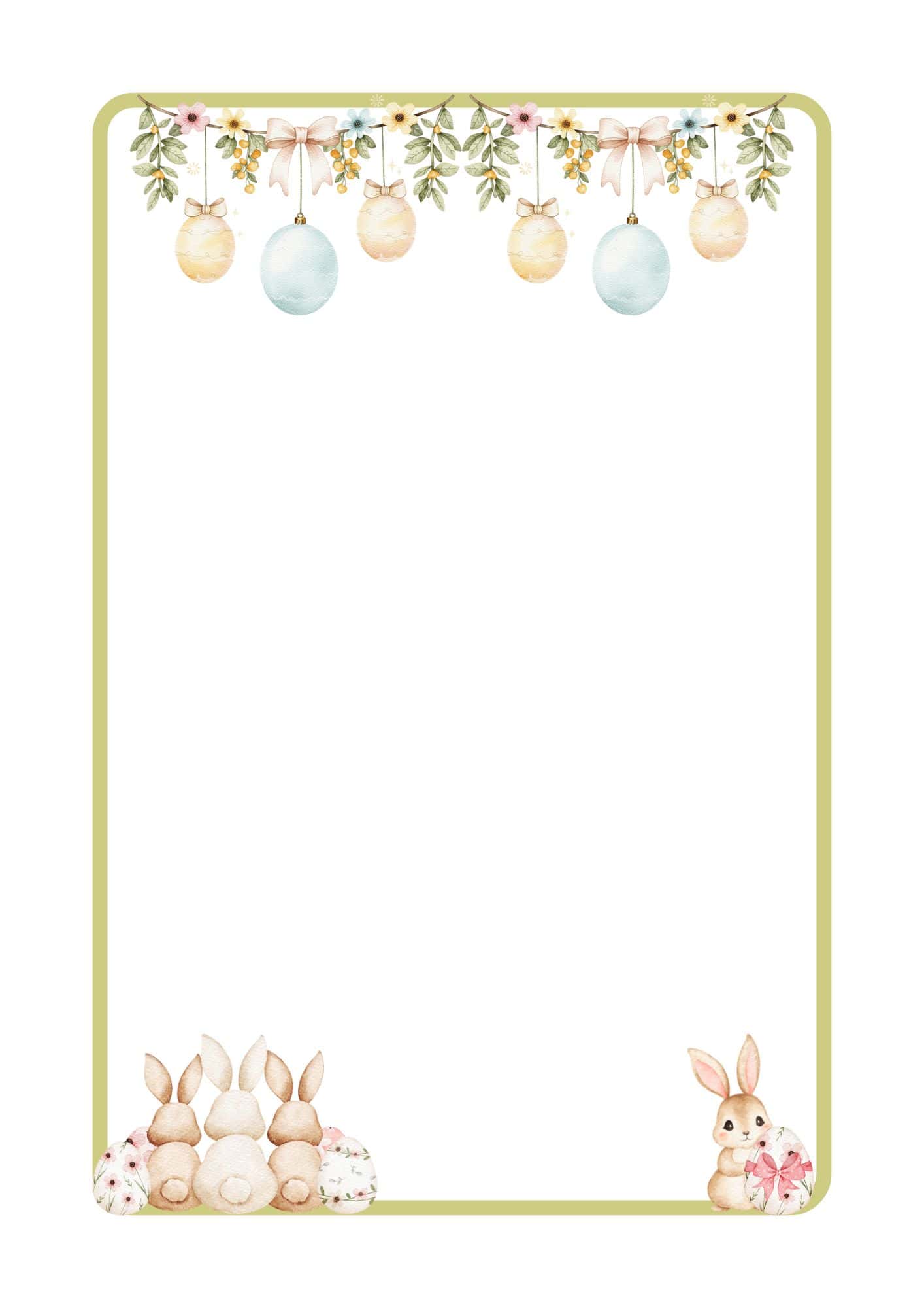 Letter template with Easter eggs bunting and a row of rabbits at the bottom.