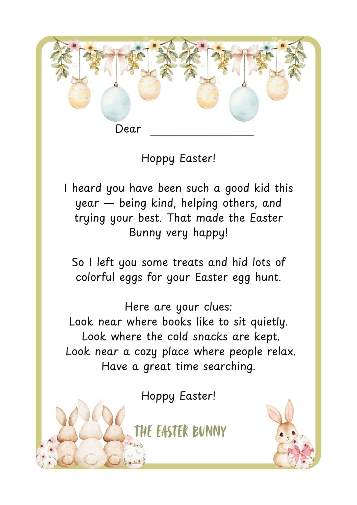 Letter template with Easter eggs bunting and a row of rabbits at the bottom.