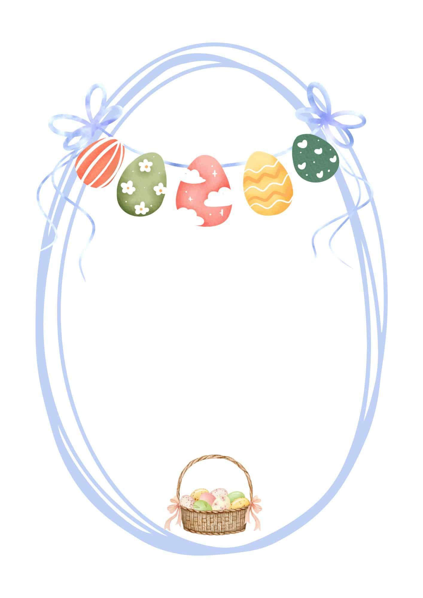 Easter egg letter free printable in egg shaped template with eggs bunting and a basket of eggs at the bottom.