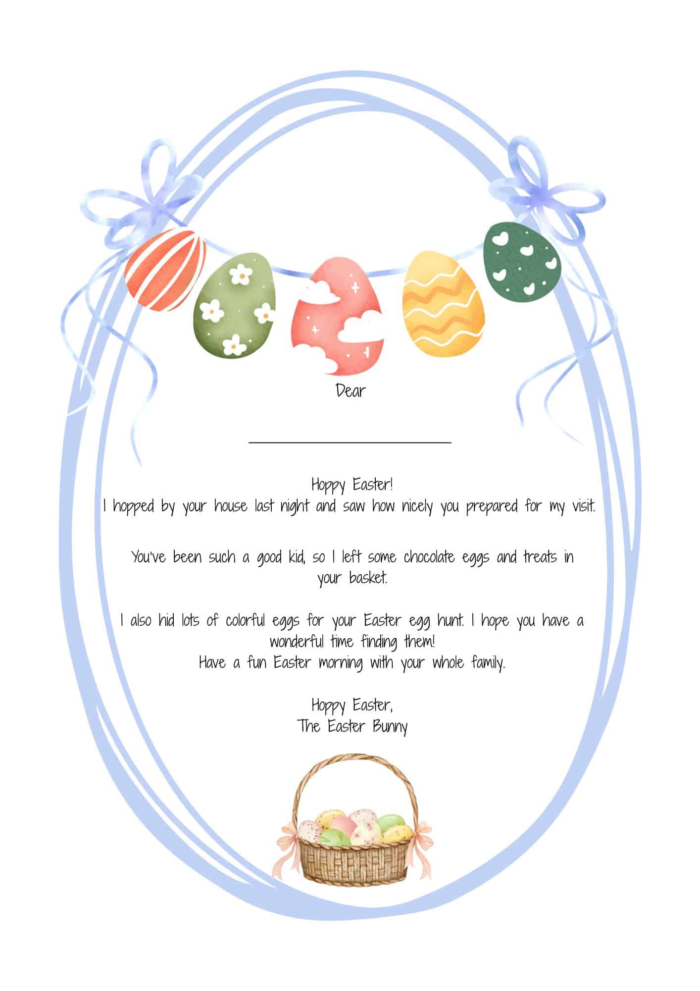 Easter egg letter free printable in egg shaped template with eggs bunting and a basket of eggs at the bottom.