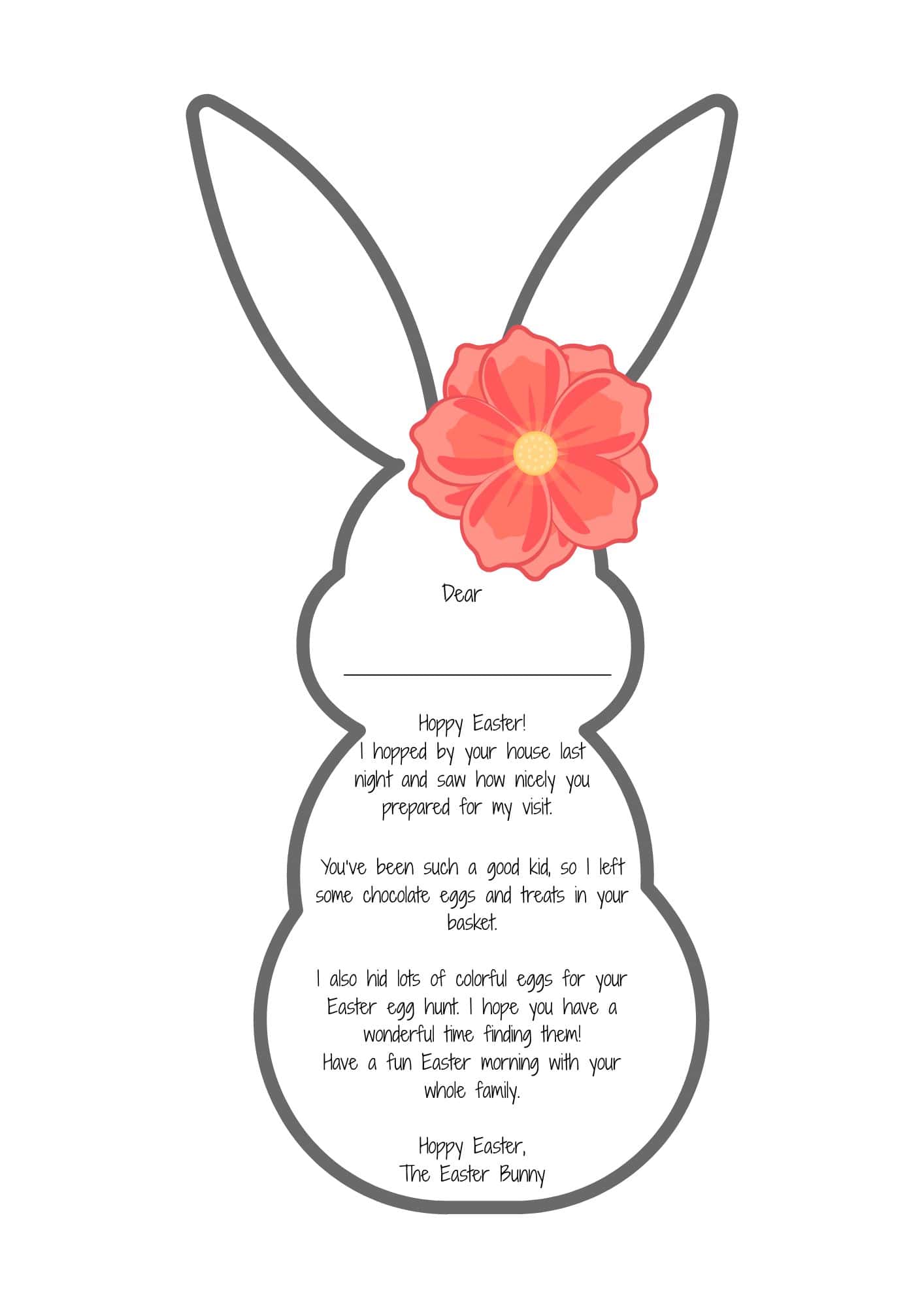 Easter Bunny letter free printable in the shape of bunny outline.