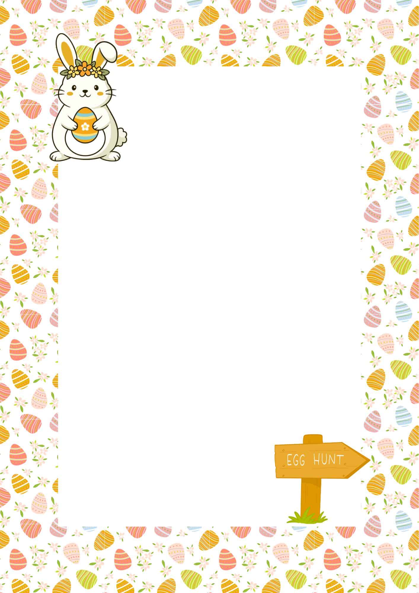 Easter letter template with Easter eggs background and a bunny holding an egg.