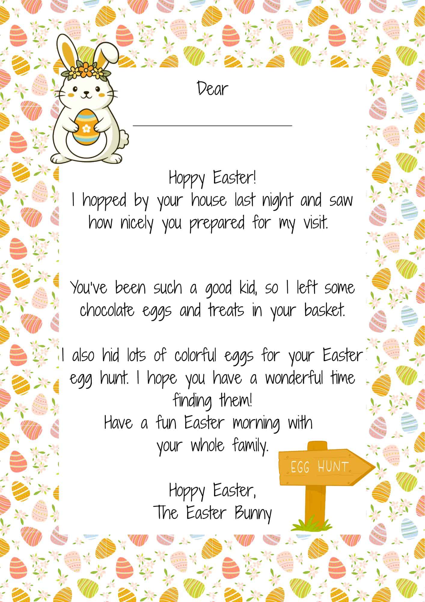 Easter letter template with Easter eggs background and a bunny holding an egg.
