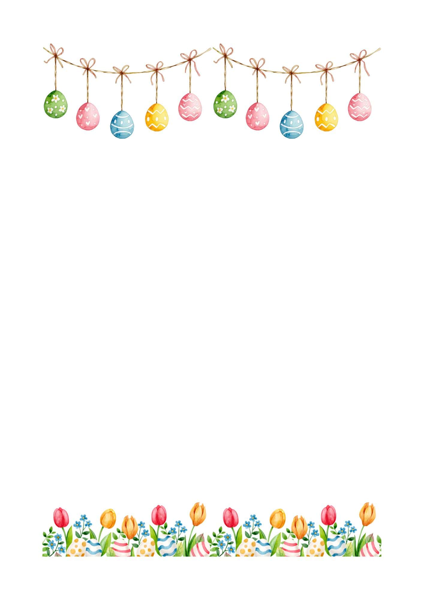 Easter bunny letter free printable with eggs bunting at the top and a row of tulips and eggs at the bottom.