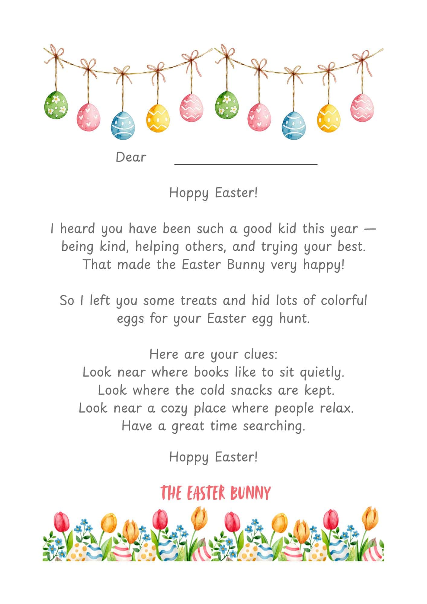 Easter bunny letter free printable with eggs bunting at the top and a row of tulips and eggs at the bottom.