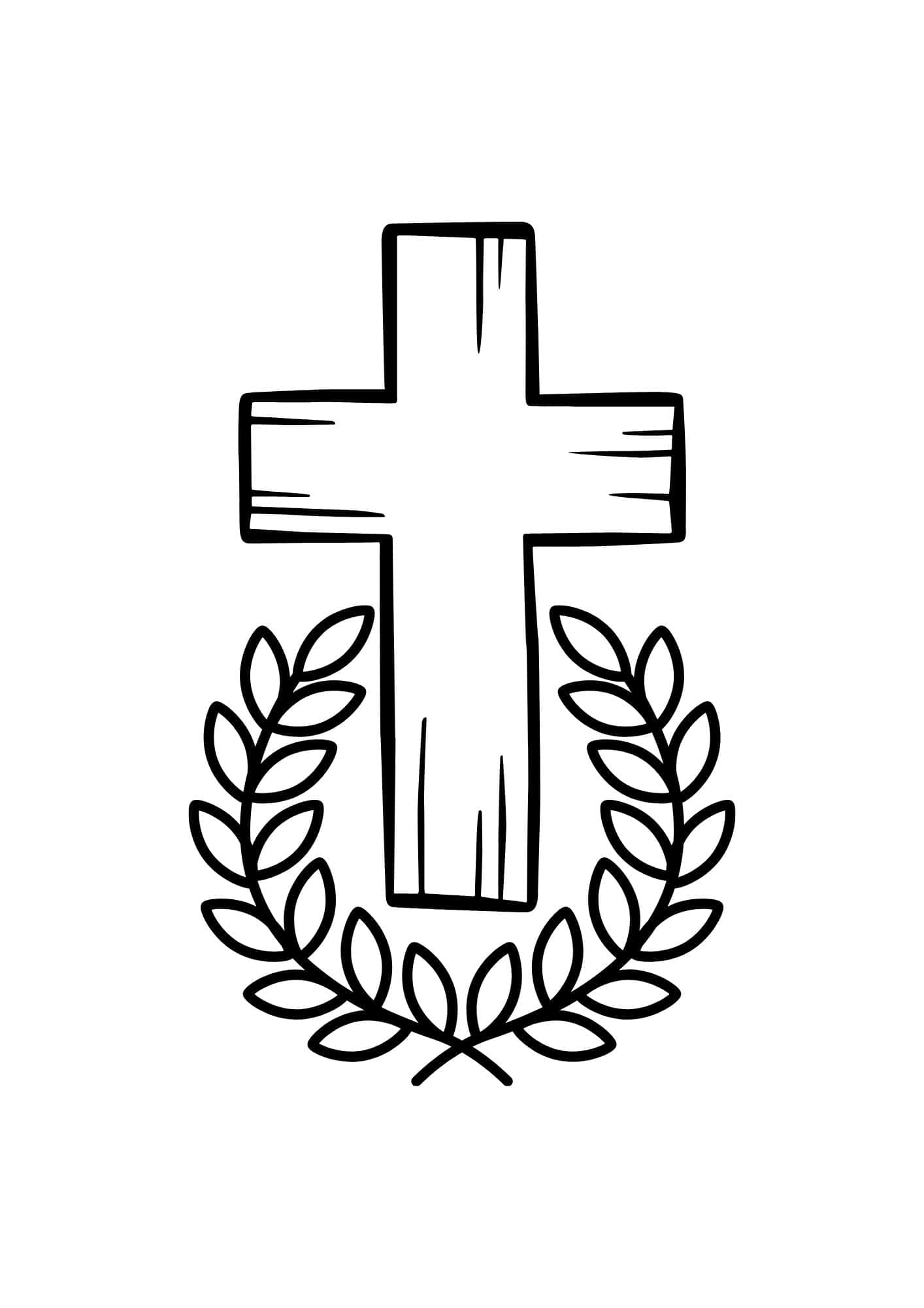 Cross in wood grain and wreath.