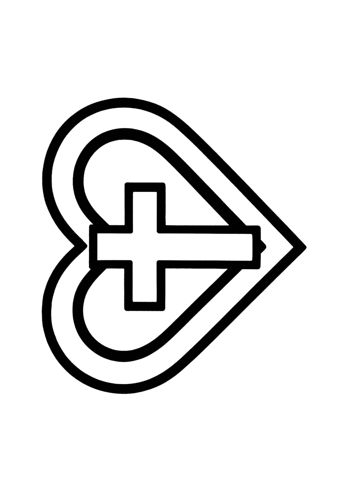 Cross in the middle of 2 overlapping hearts.