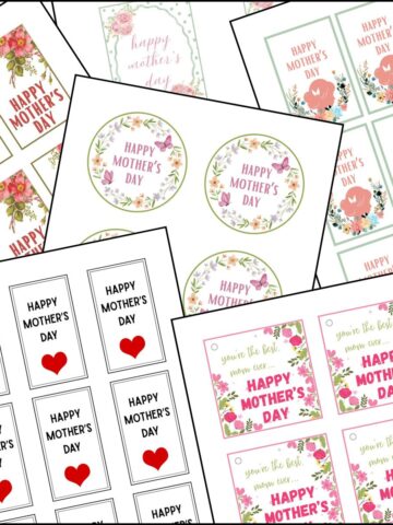 A set of free printable mother's day tags overlapping on one another.