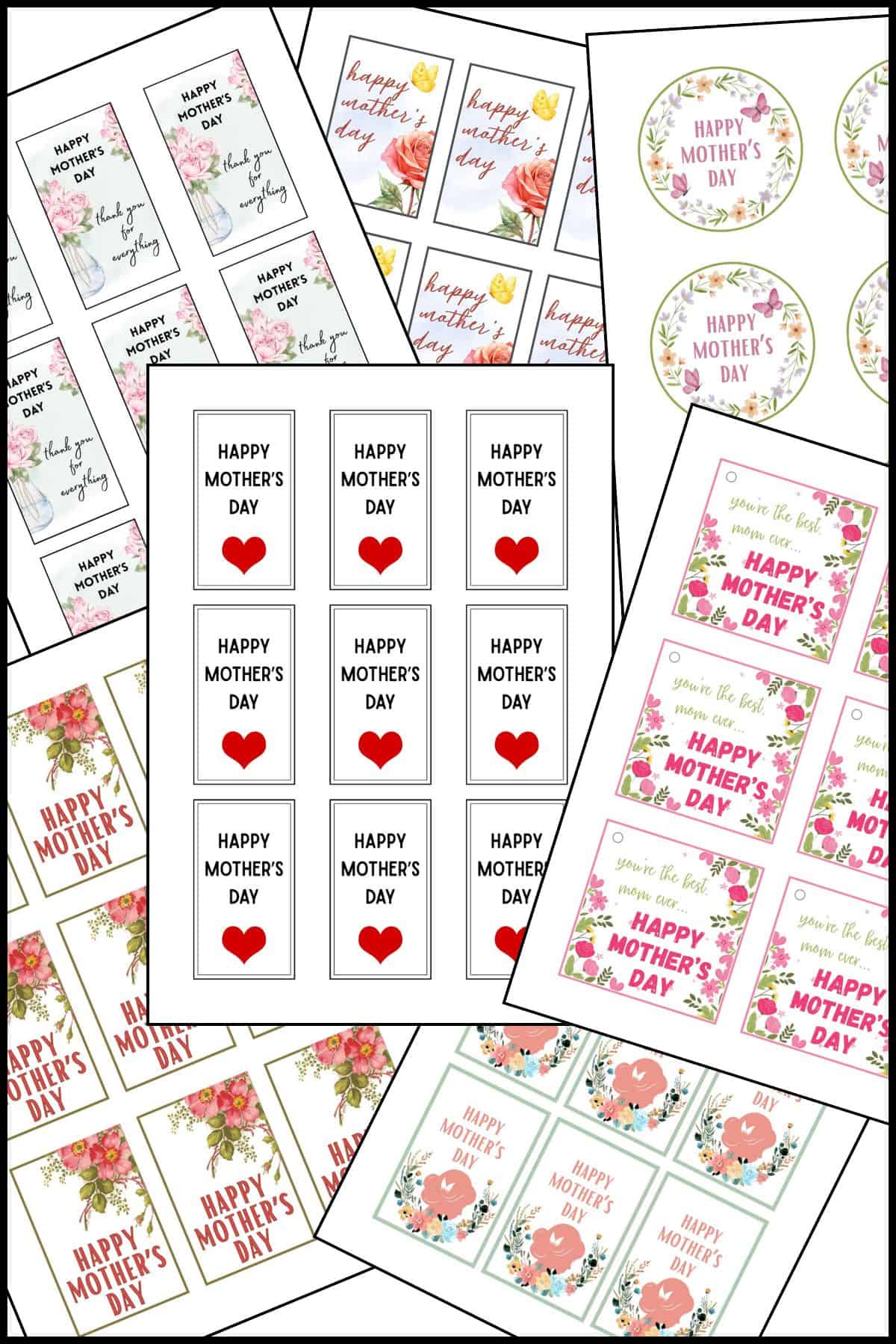 A set of free printable mother's day tags overlapping on one another.