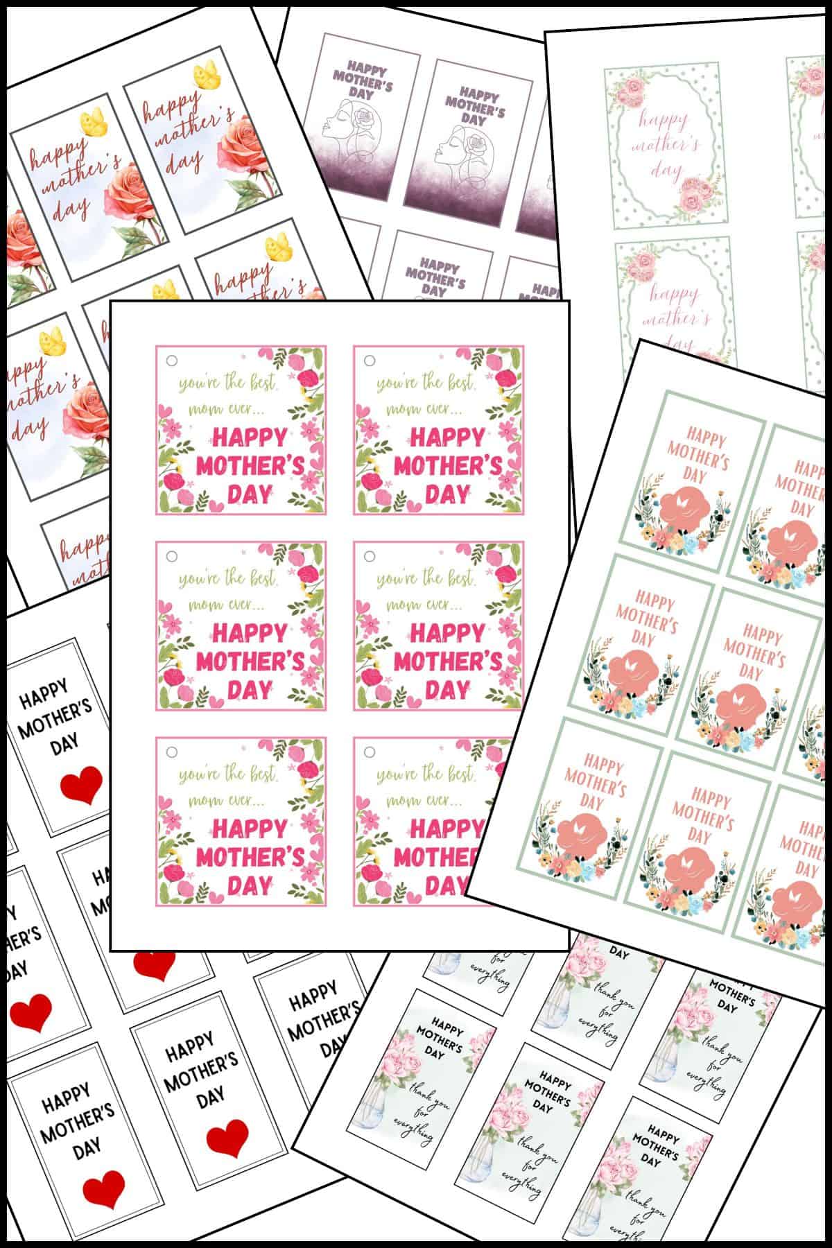 A set of free printable mother's day tags overlapping on one another.