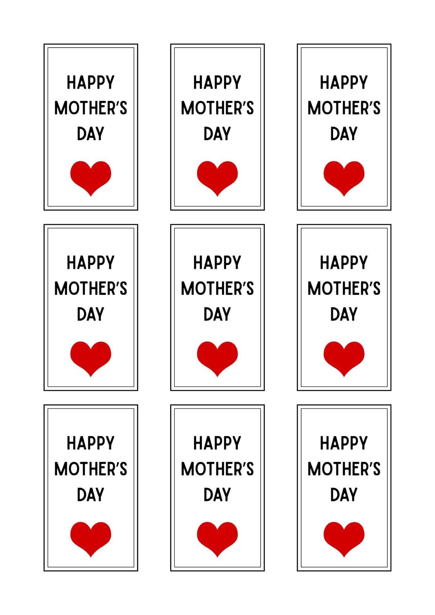 Minimalist Mother's day gift tags in white background, black block letters and a red heart.