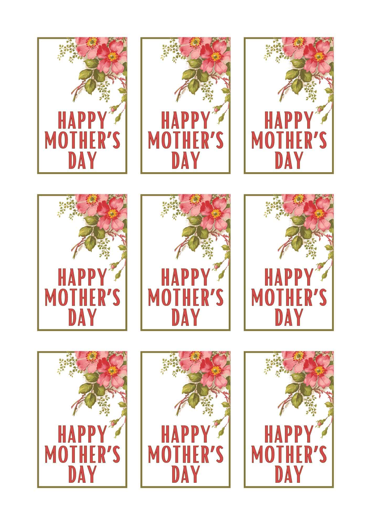 Mother's day gift tags in coral red roses and green leaves.
