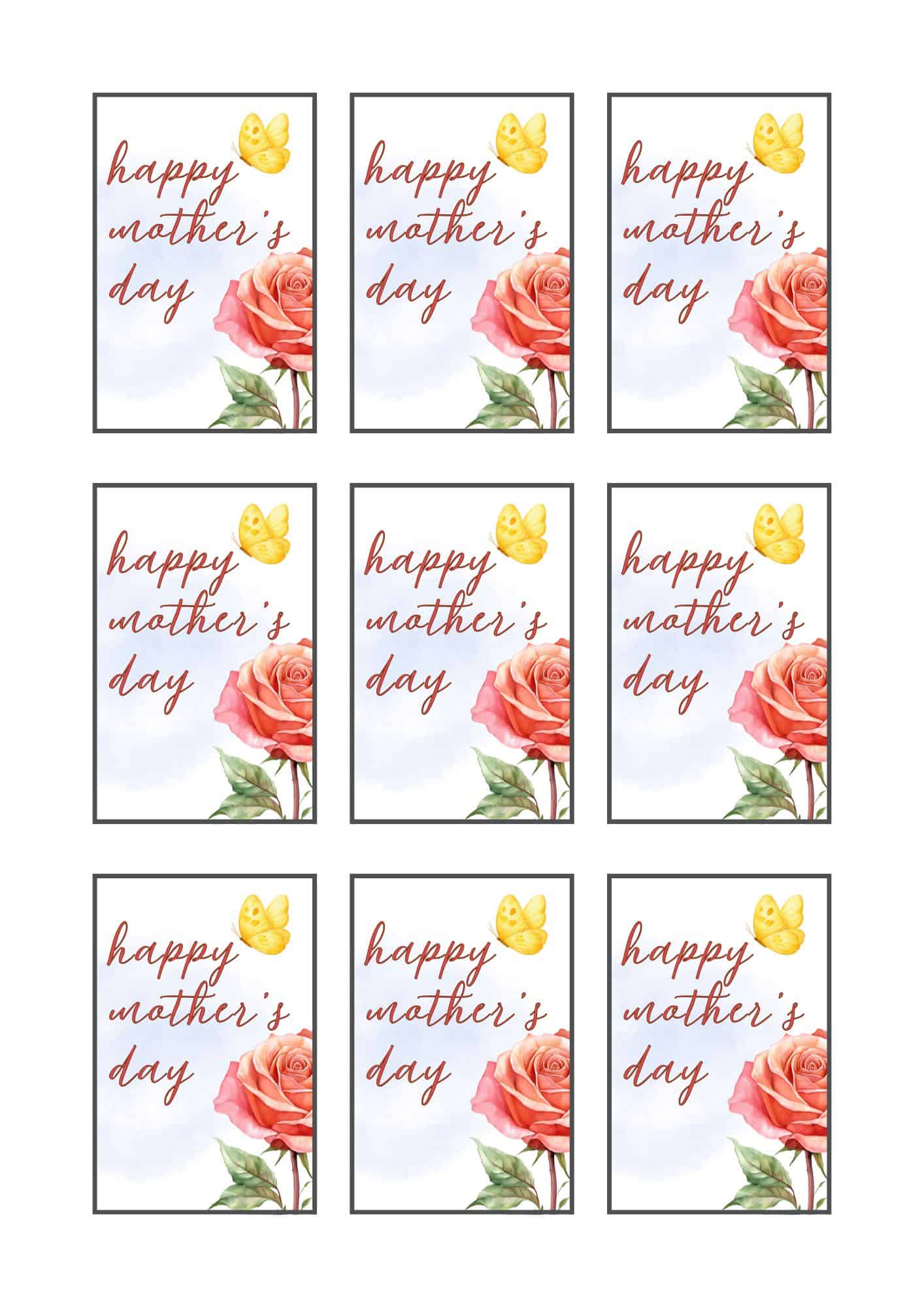 Mother's day gift tags with pink rose and yellow butterfly.