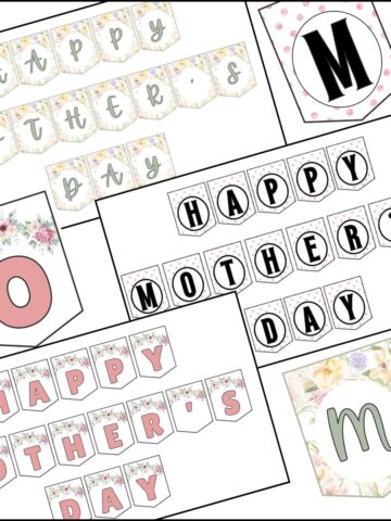 Happy Mother's Day printable banner in pink letters and floral design.