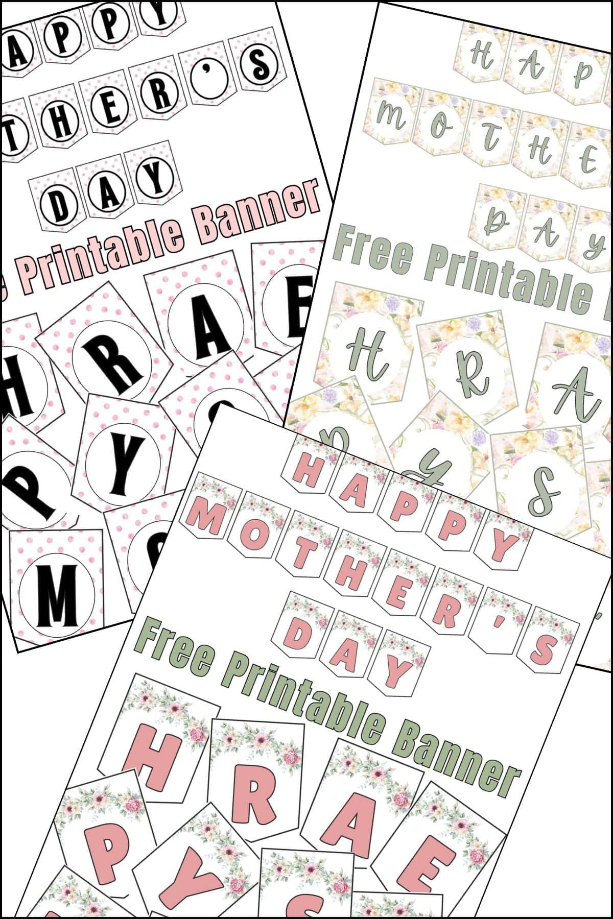 Happy Mother's Day printable banner in pink letters and floral design.