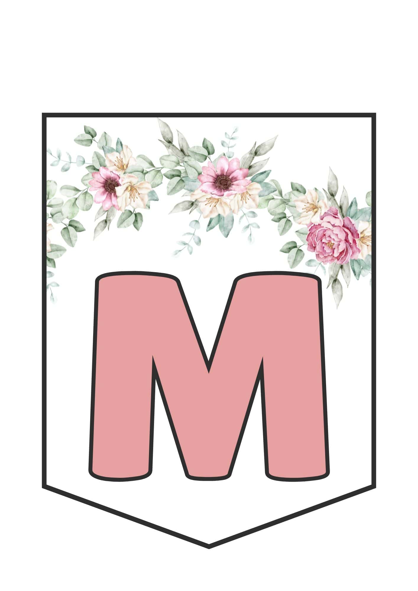 Printable floral banner letter M in pink.