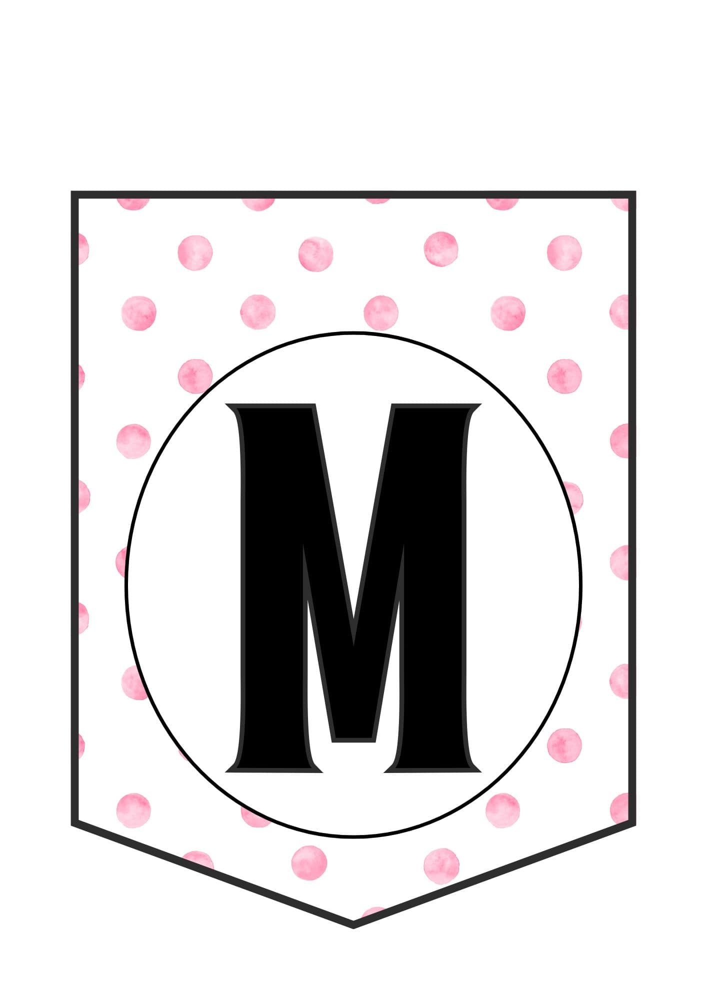 Printable banner letter M in pink polka dots design.