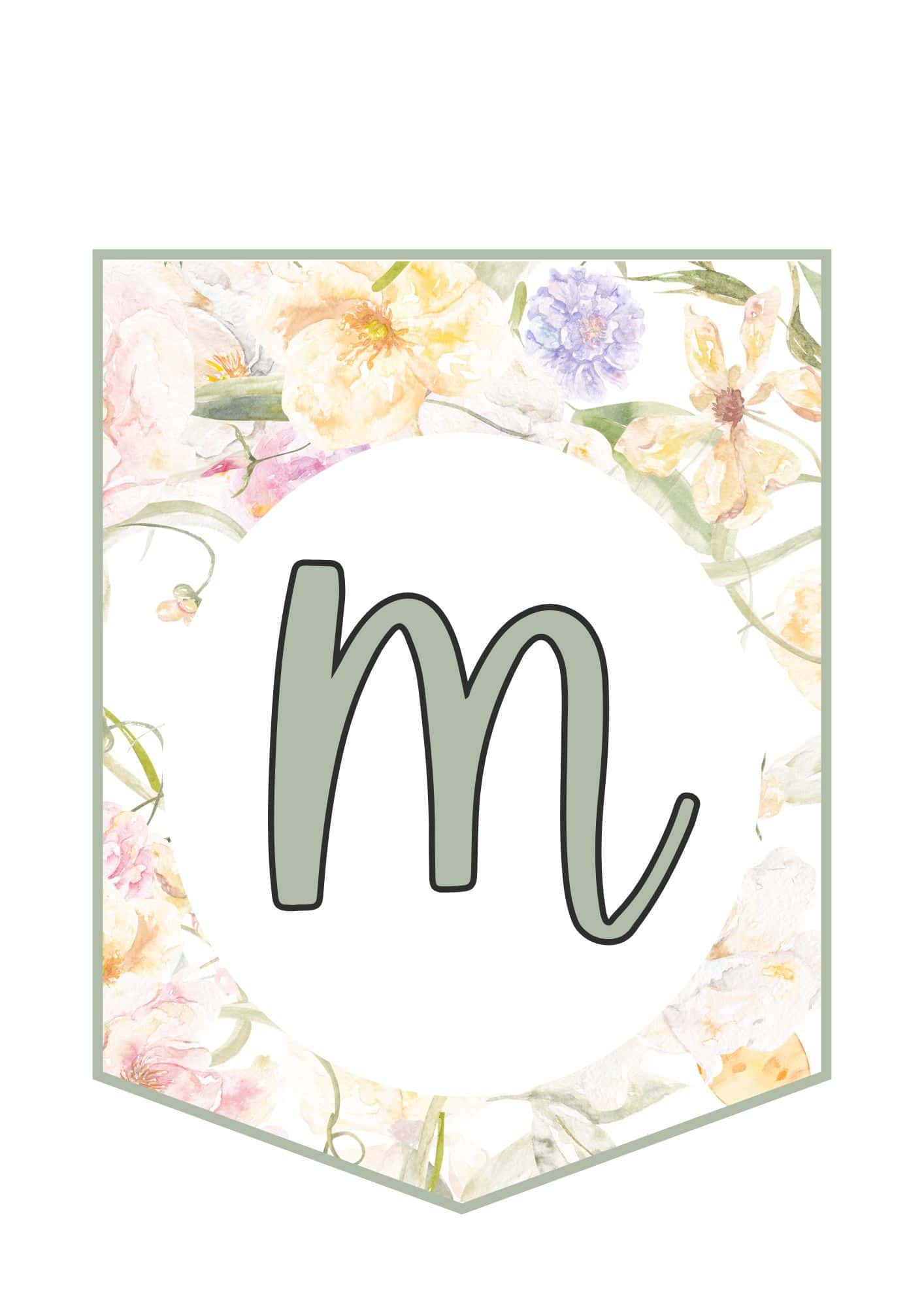 Printable floral banner letter M in blue and yellow floral design.