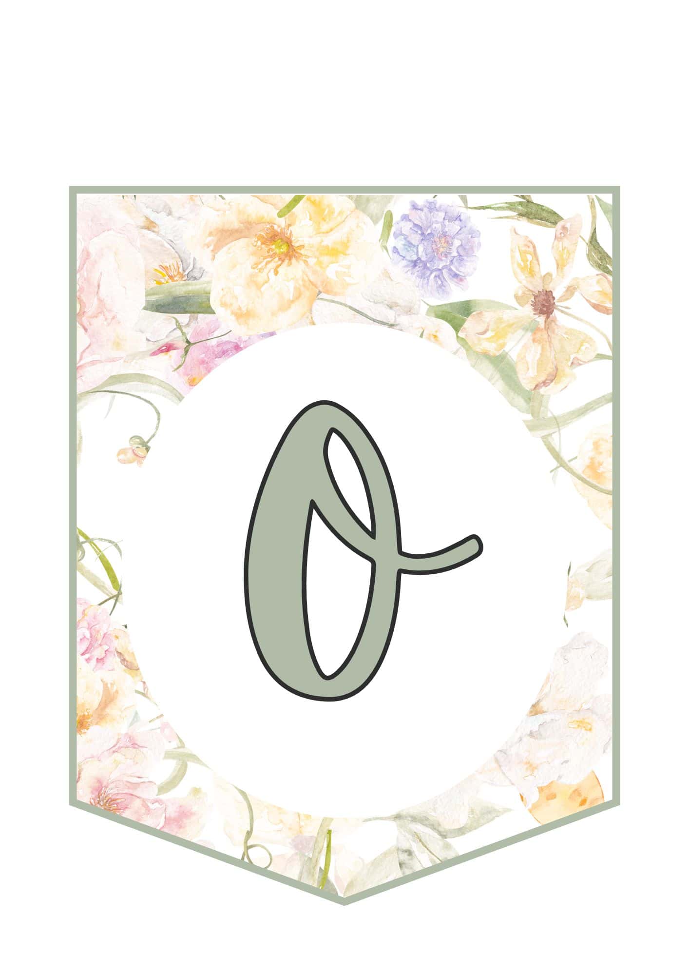 Printable floral banner letter O in blue and yellow floral design.