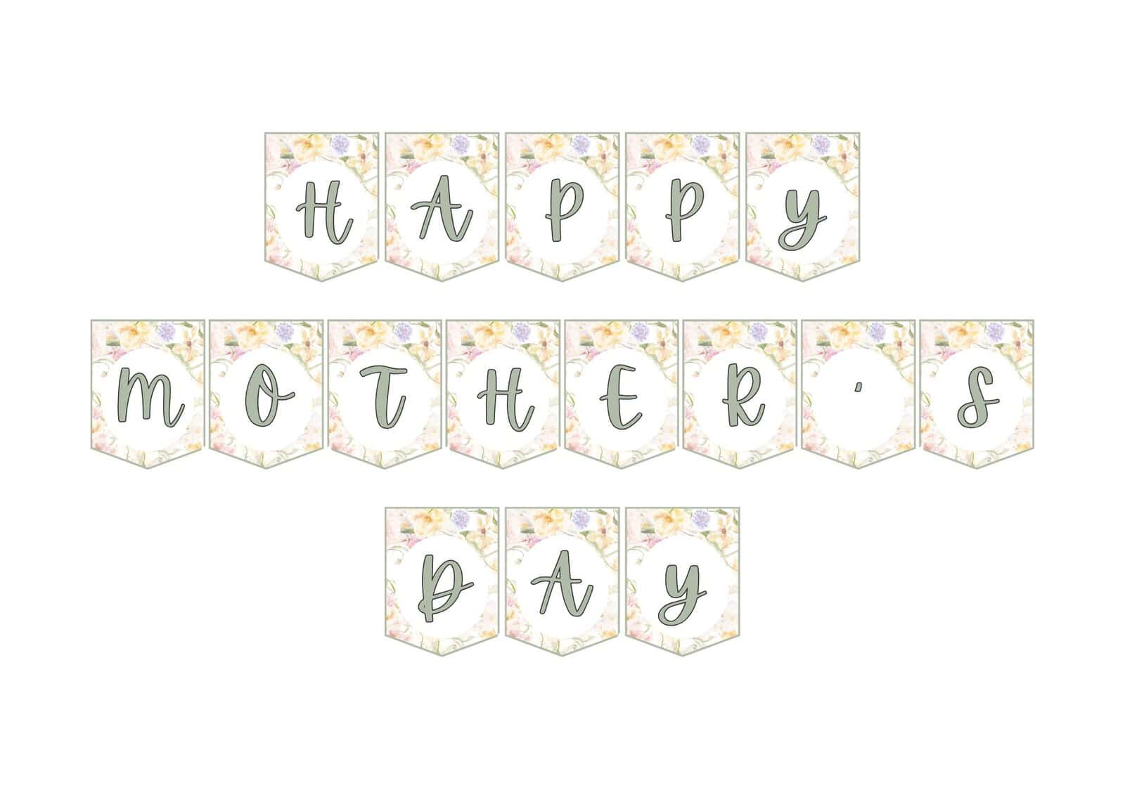 Happy Mother's Day printable banner in green letters and blue and yellow floral design.