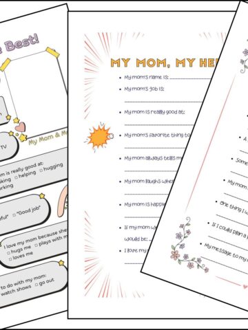 A stack of 3 mother's day all about my mom printable questionnaires overlapping on one another.