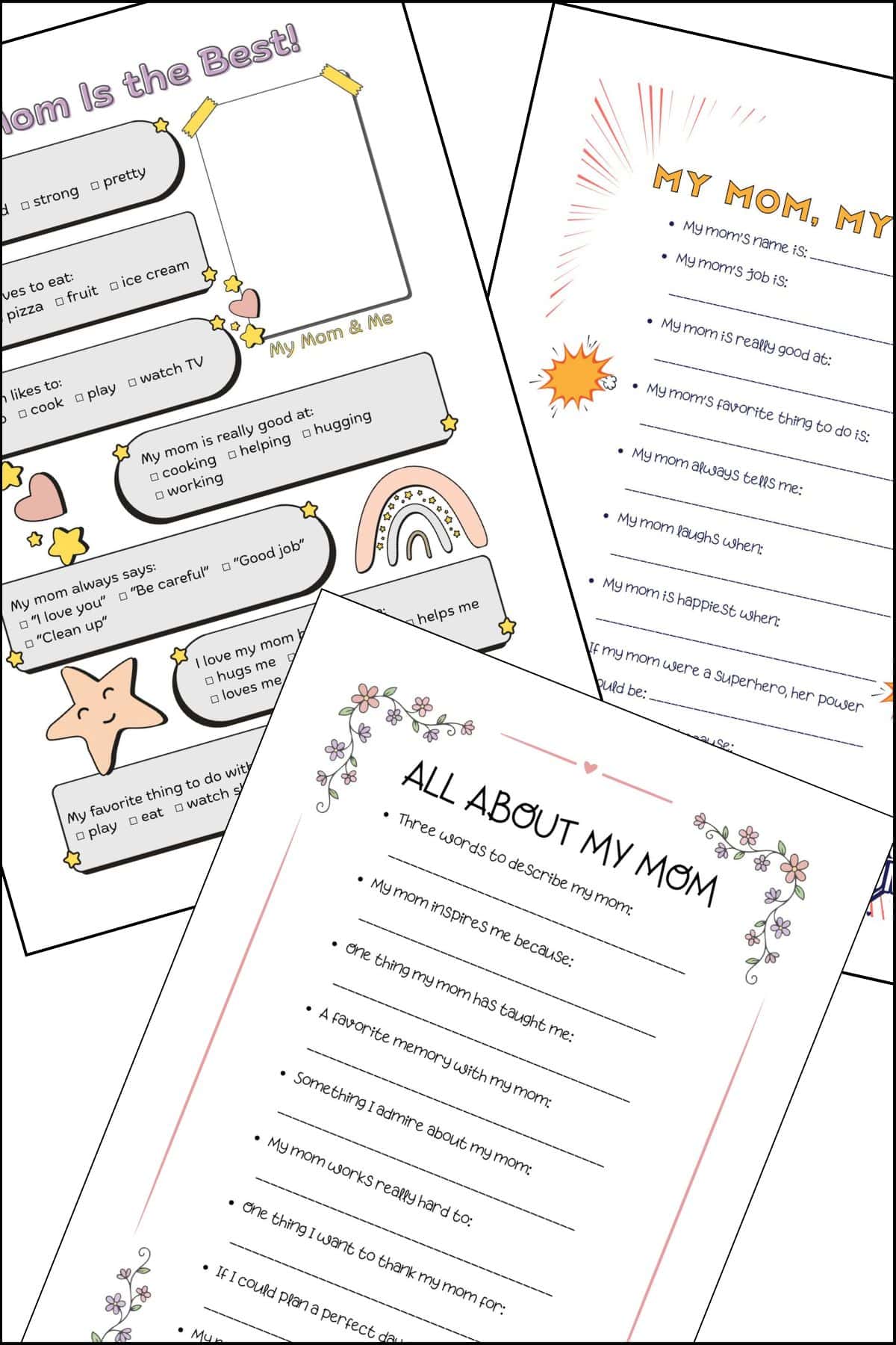 A stack of 3 mother's day all about my mom printable questionnaires overlapping on one another.