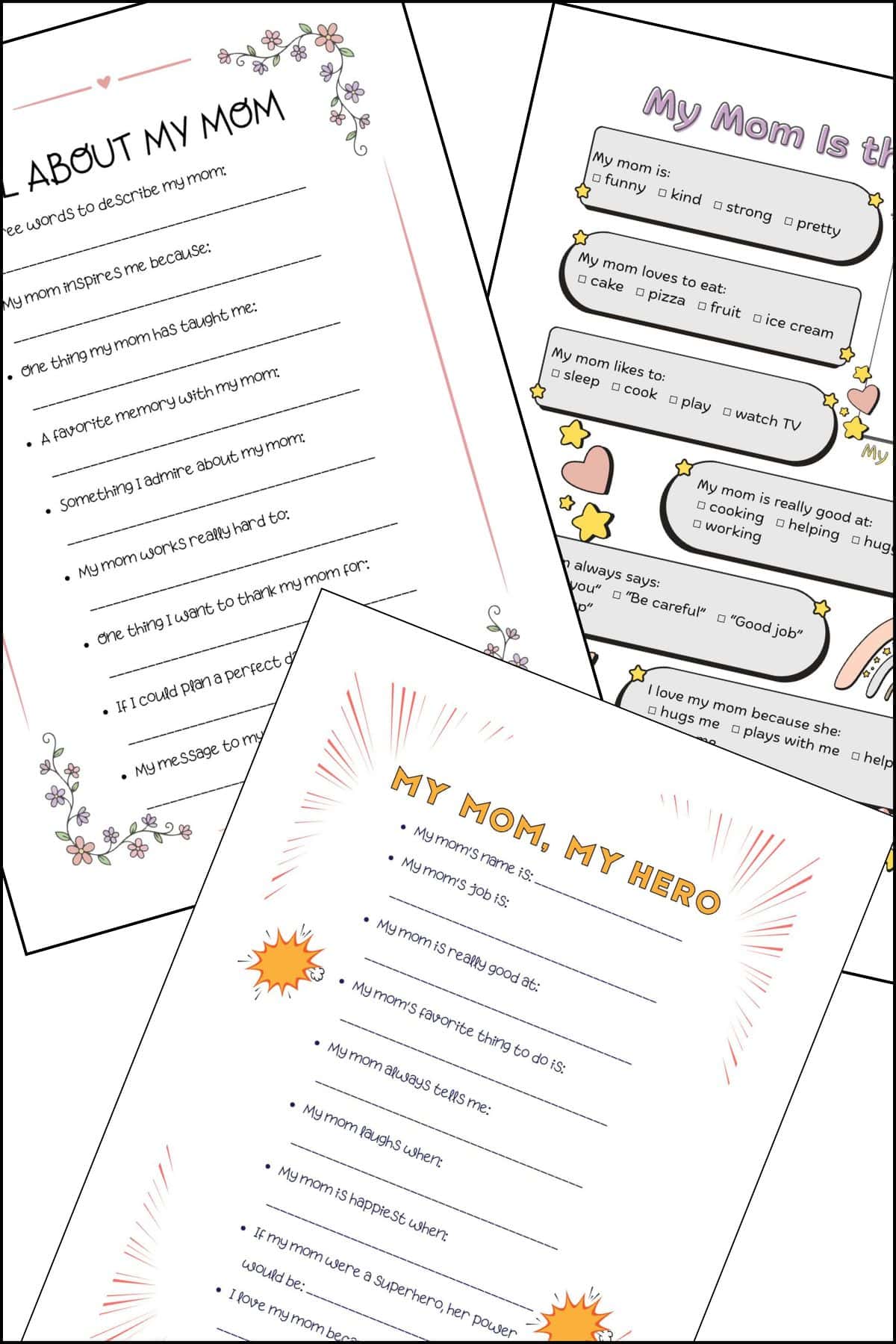 A stack of 3 mother's day all about my mom printable questionnaires overlapping on one another.