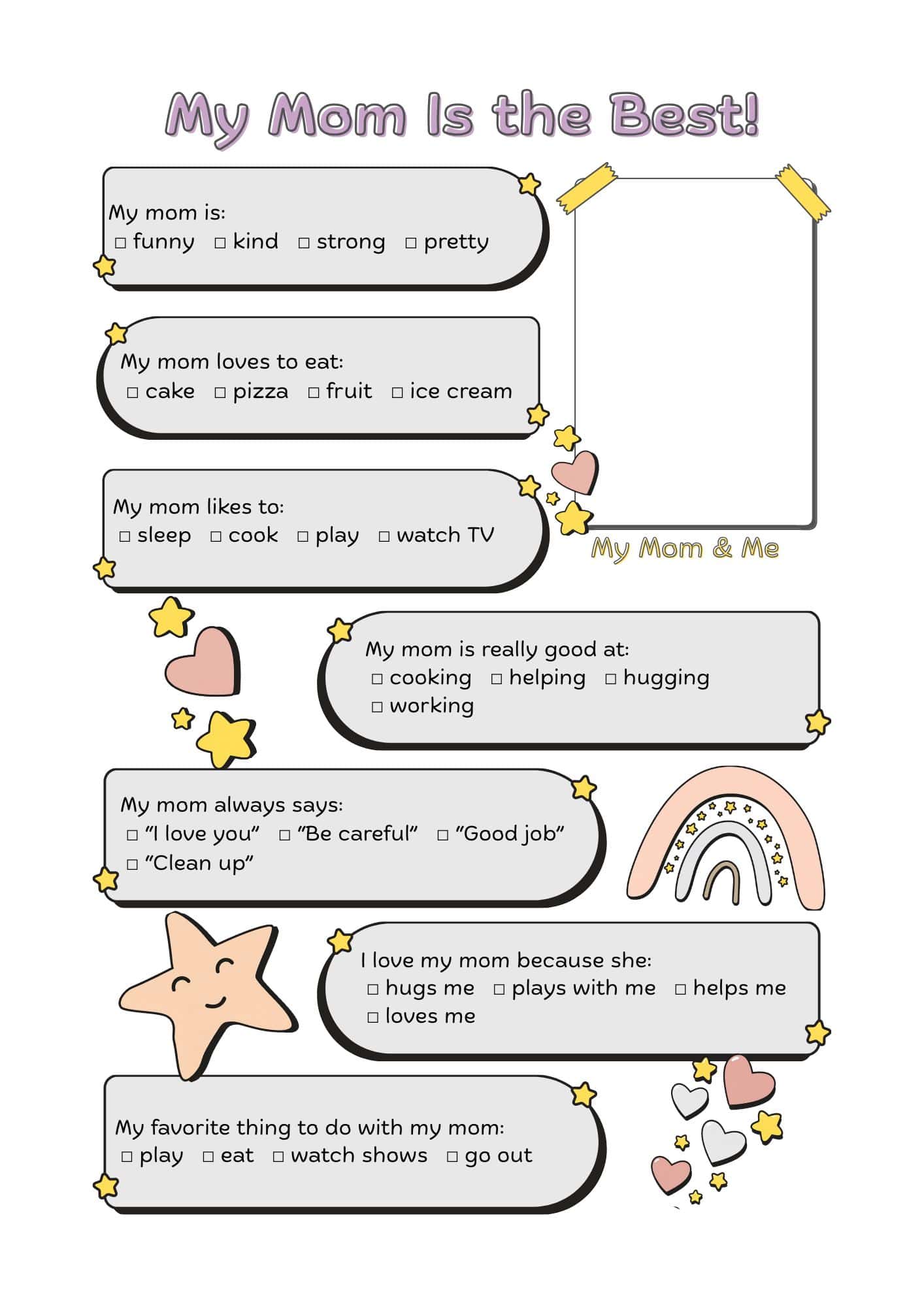 Mother's day printable questionnaire with stars, hearts and rainbow design.