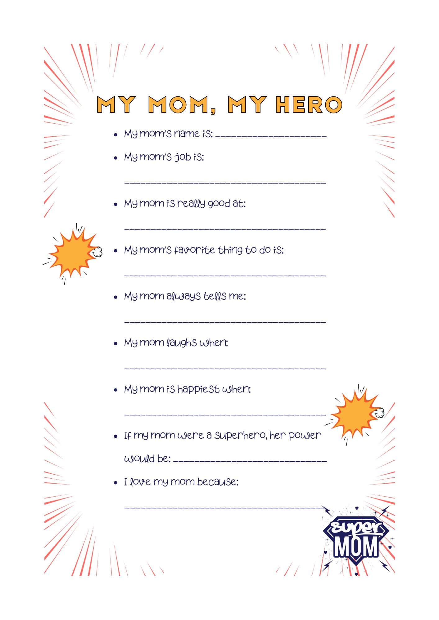 Mother's day questionnaire in superhero theme.