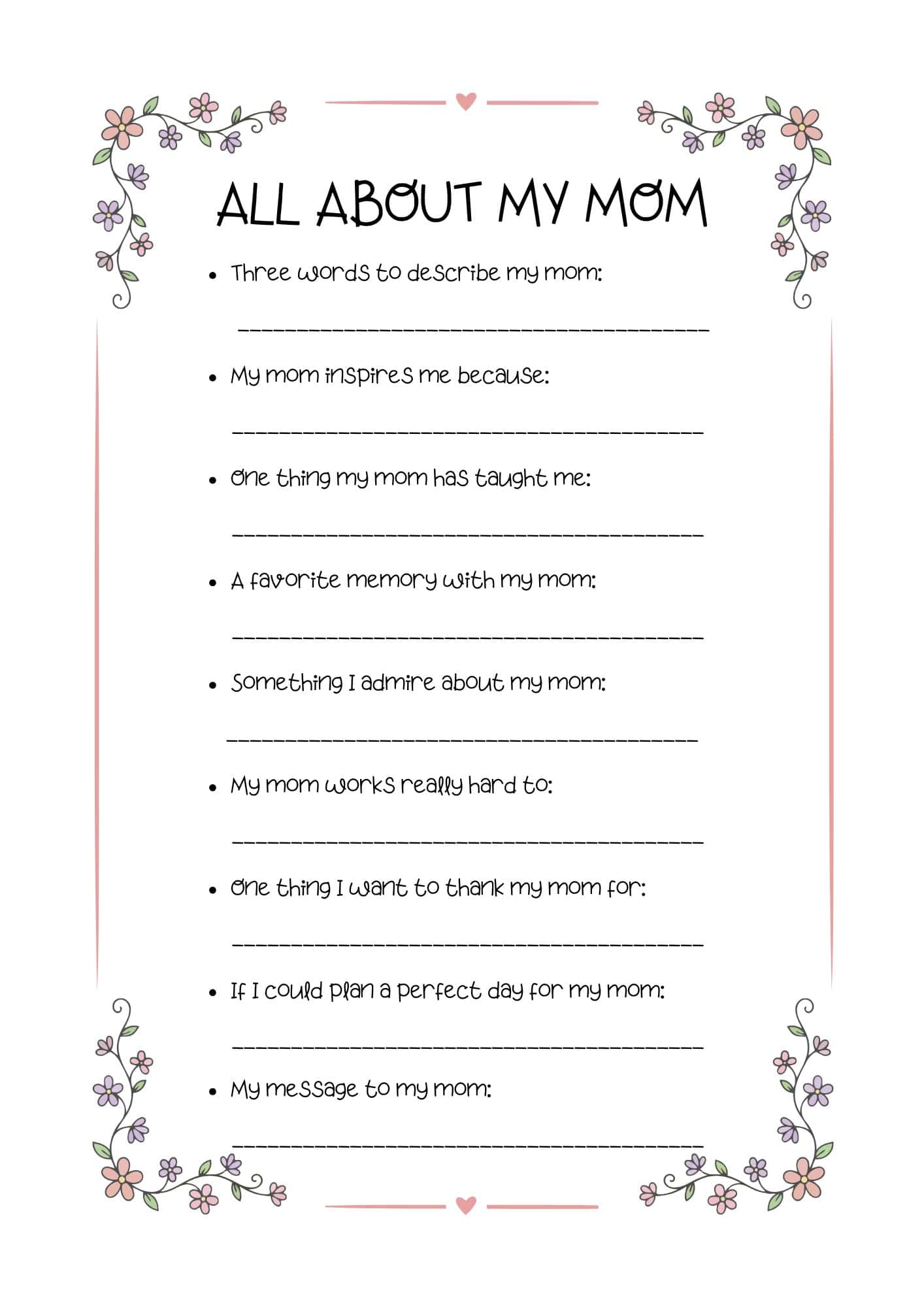 Mother's day questionnaire in floral border.