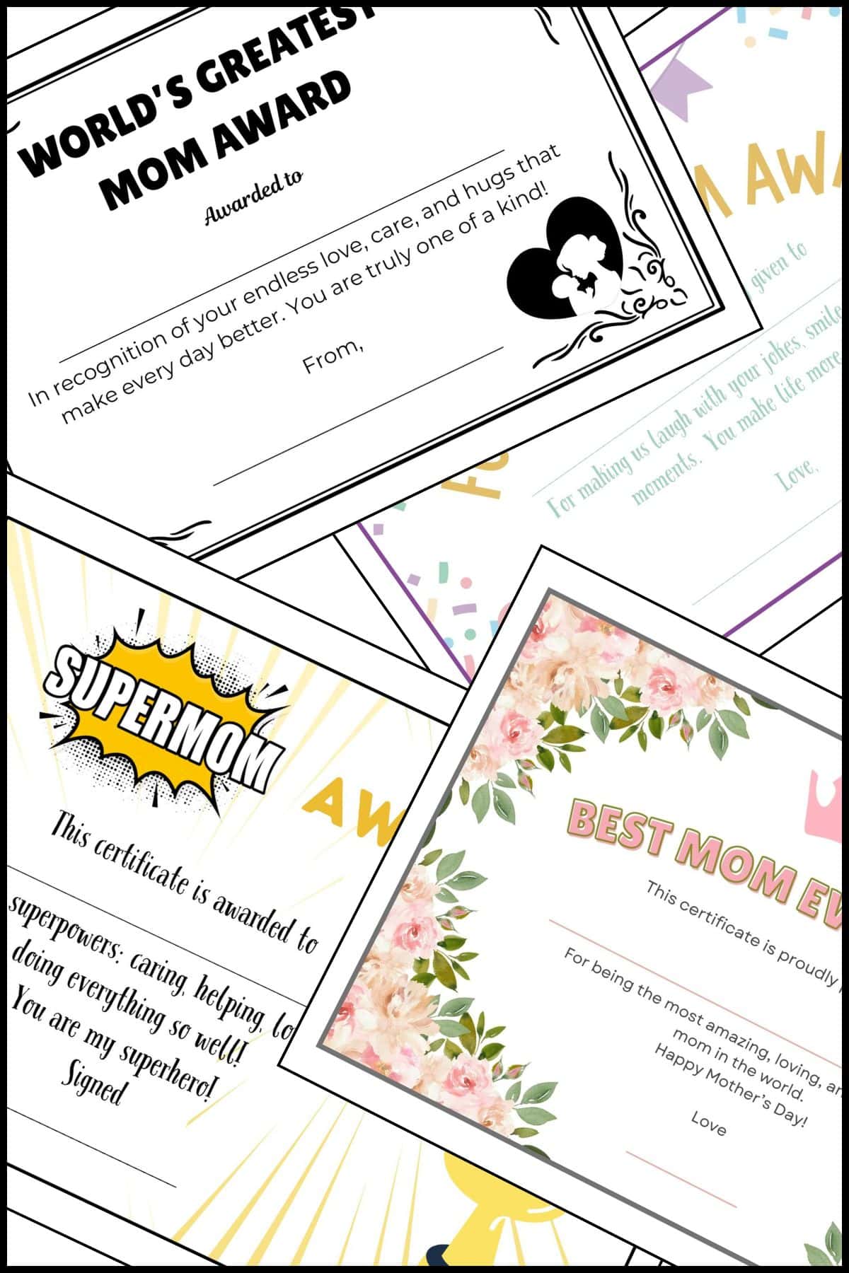 Mother's day certificates free printable templates overlapping on one another.