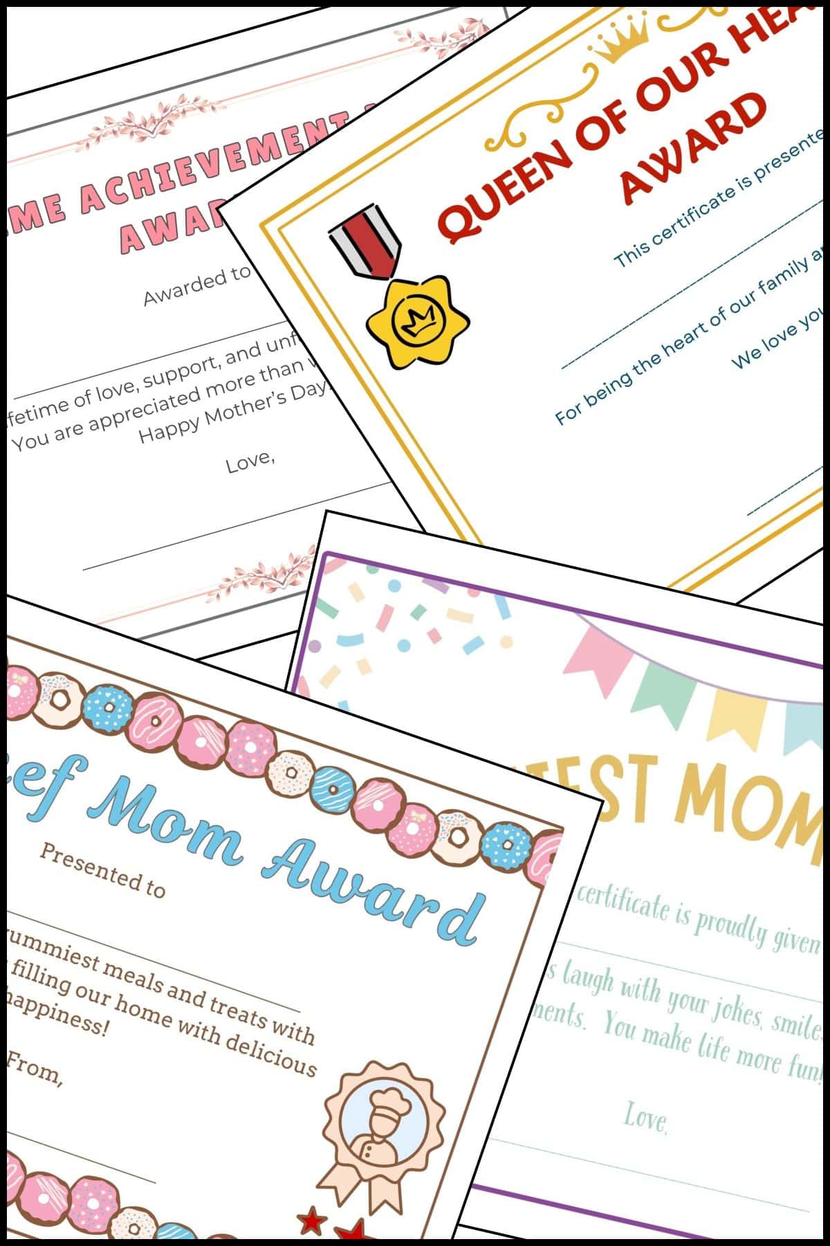 Mother's day certificates free printable templates overlapping on one another.