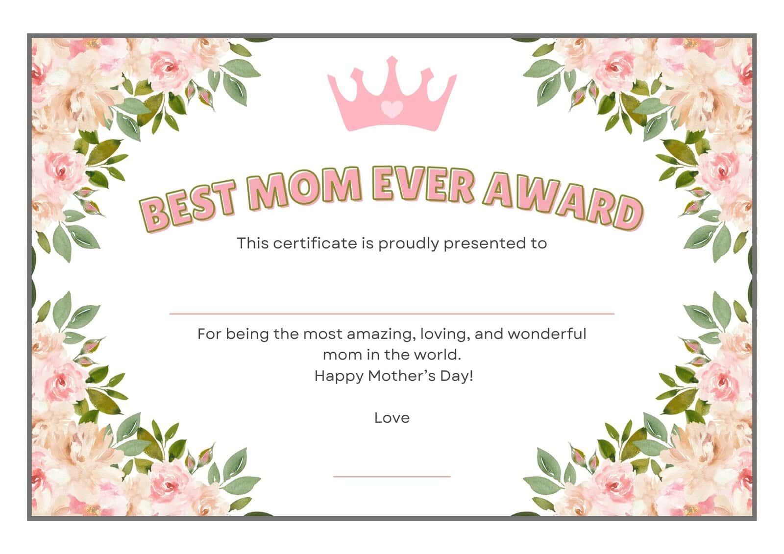 Best Mom Ever Award certificate template in floral design.