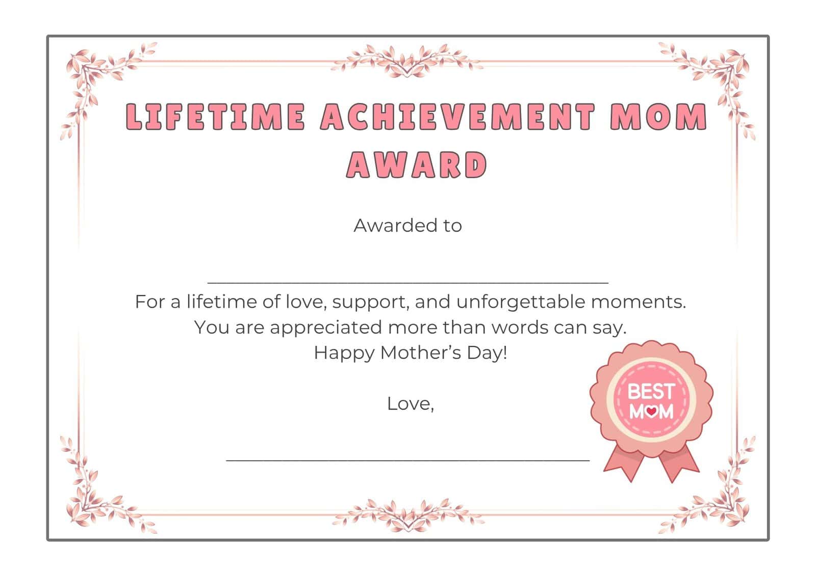 Lifetime achievement award template for mother's day.