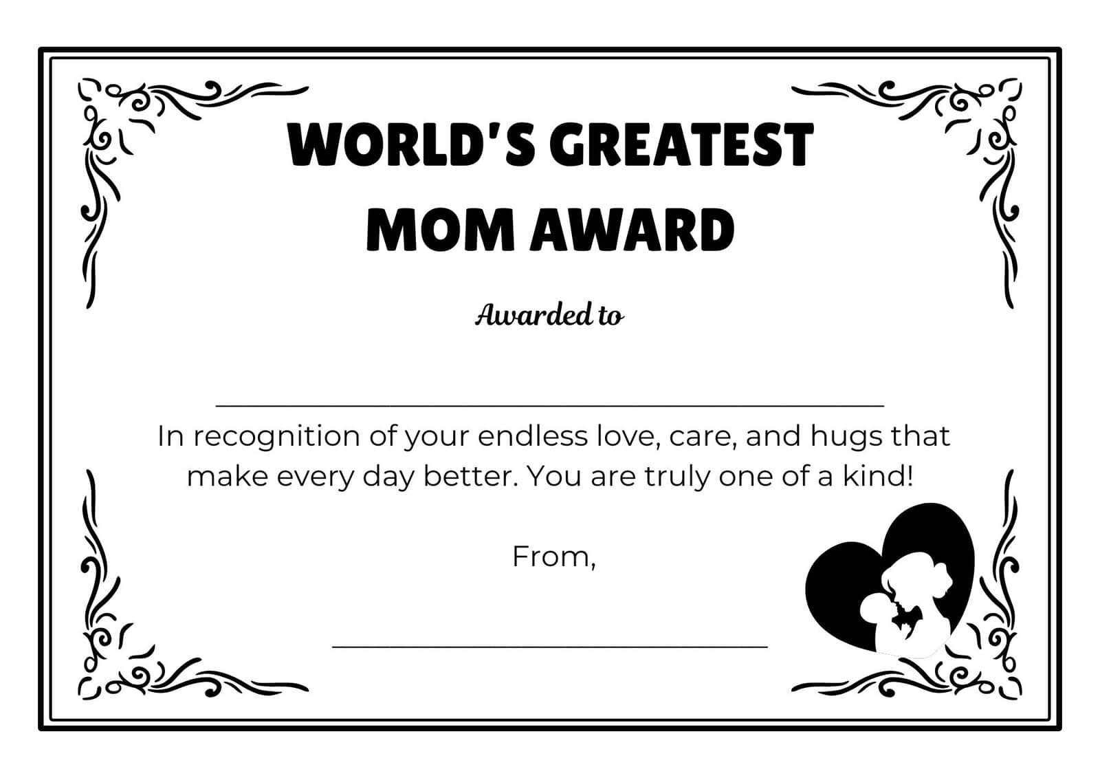 World's greatest mom award certificate template in black and white minimalist theme.