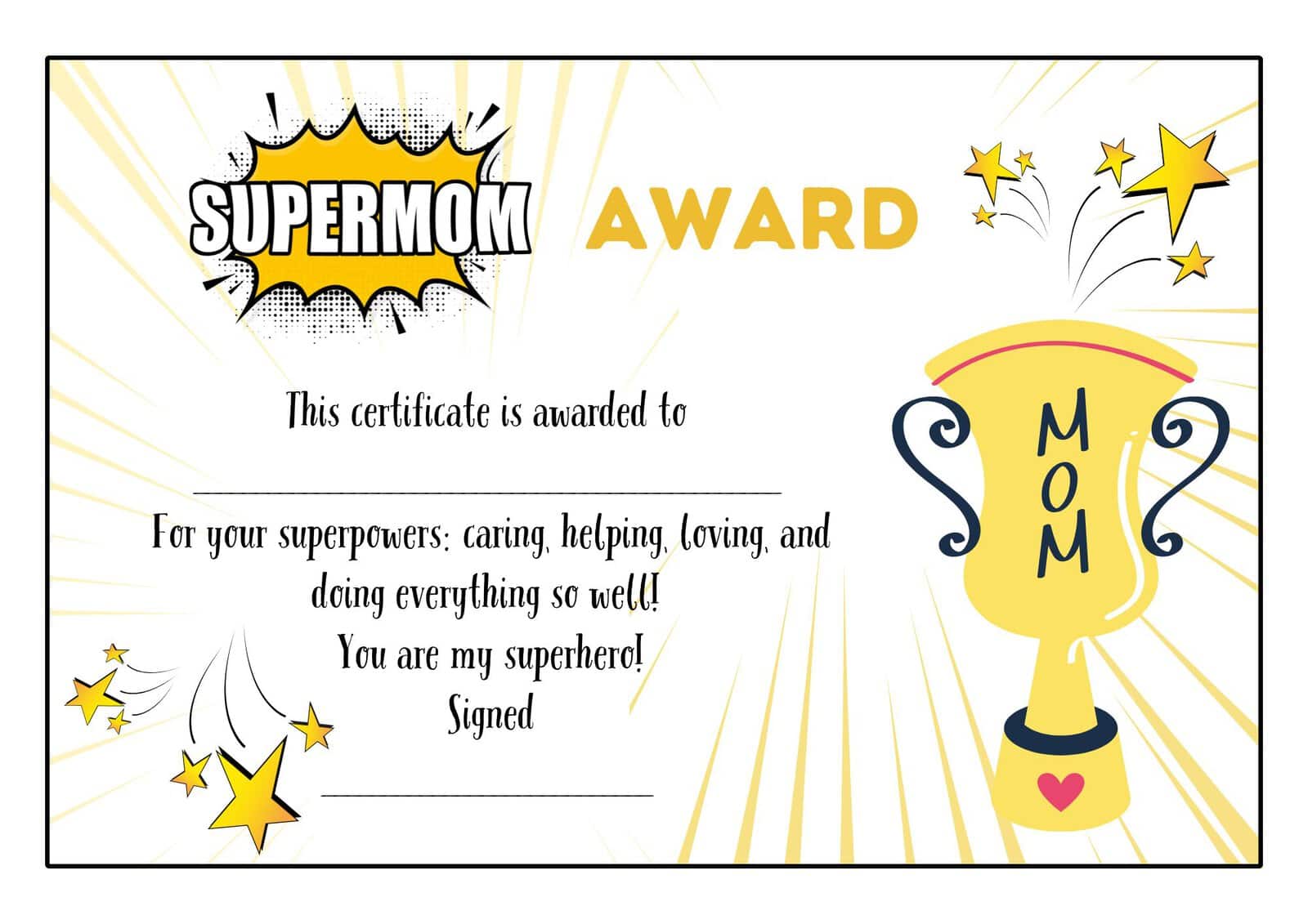 Supermom Award certificate template for Mother's day.
