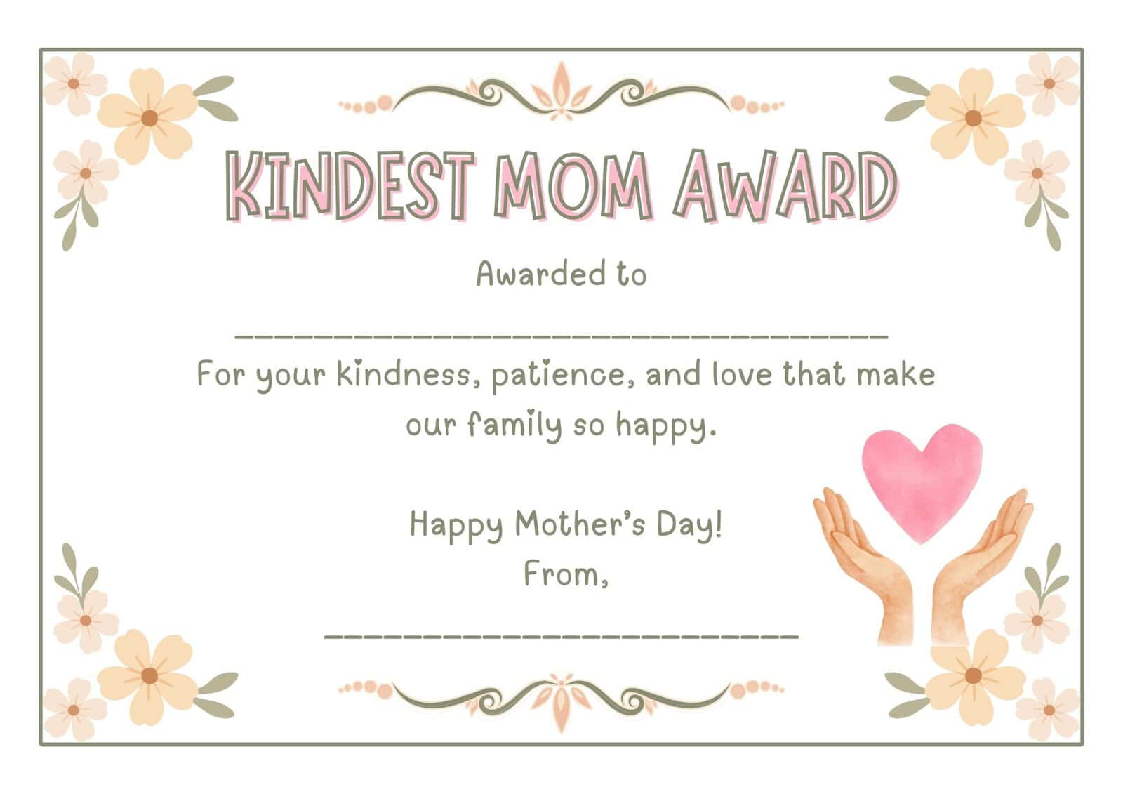 Kindest mom award certificate template for Mother's Day.