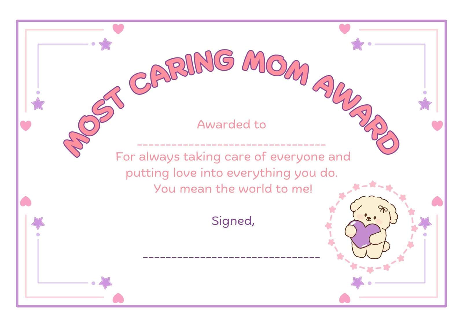 Most caring mom award mother's day certificate.