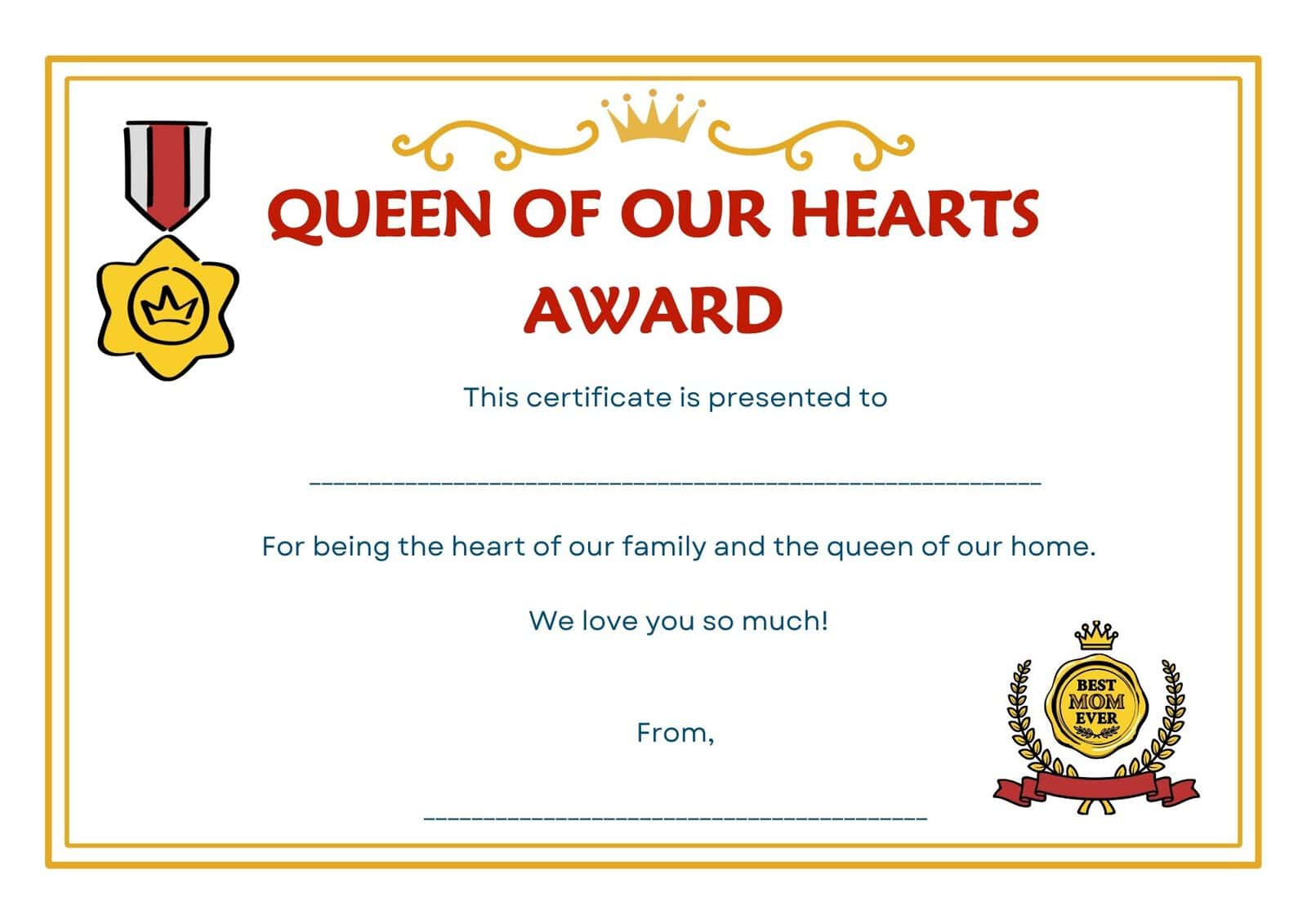 Queen of our hearts free printable certificate template for mother's day.
