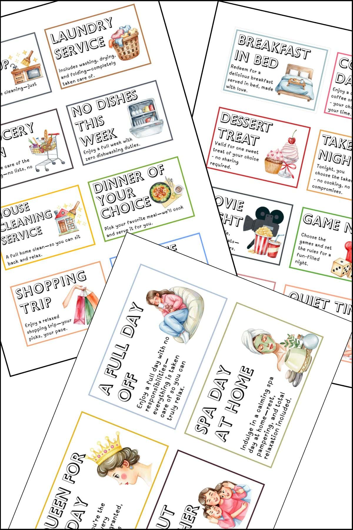 Mother's Day gift certificate printable coupons overlapping one another.
