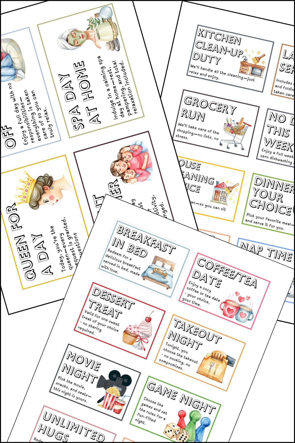 Mother's Day gift certificate printable coupons overlapping one another.