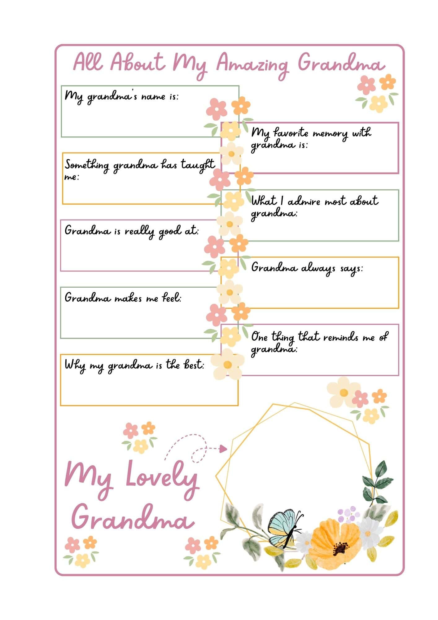 Mother's day grandma questionnaire in floral design.