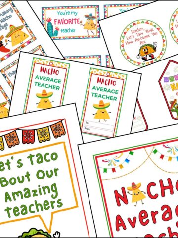 A collection of Nacho Average Teacher printable free tags and signs overlapping on one another.